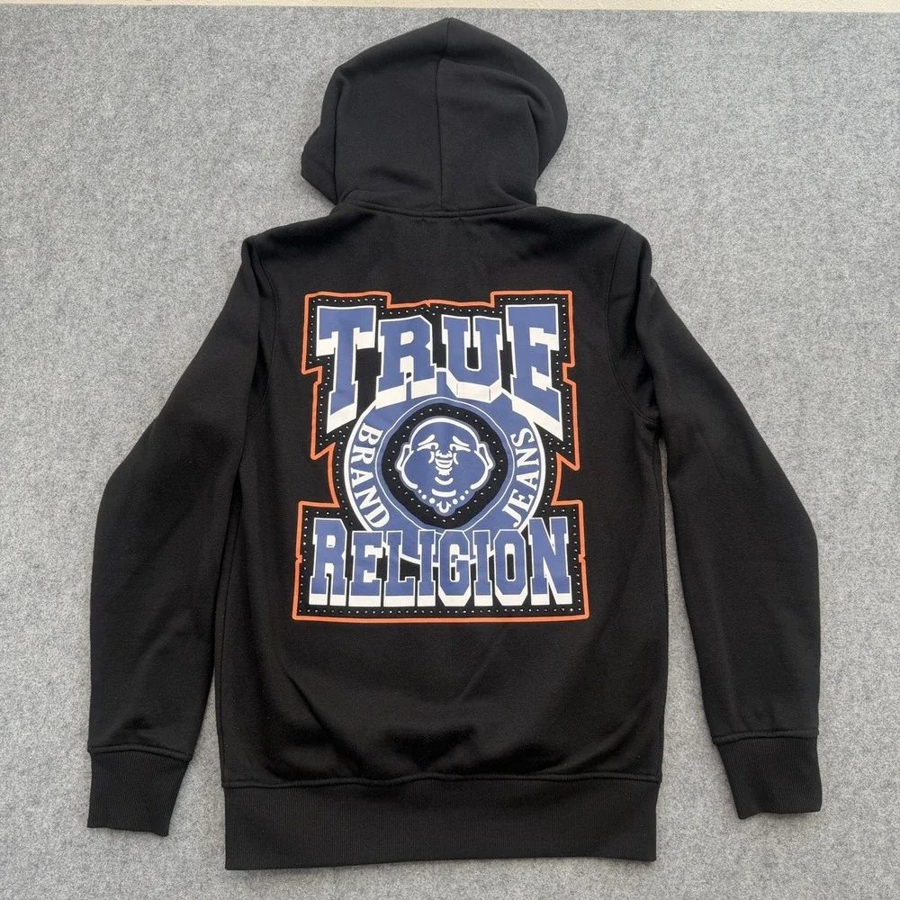True Religion Mens Small Black Zip Hoodie Retro Stud Buddha Graphic Back 700437